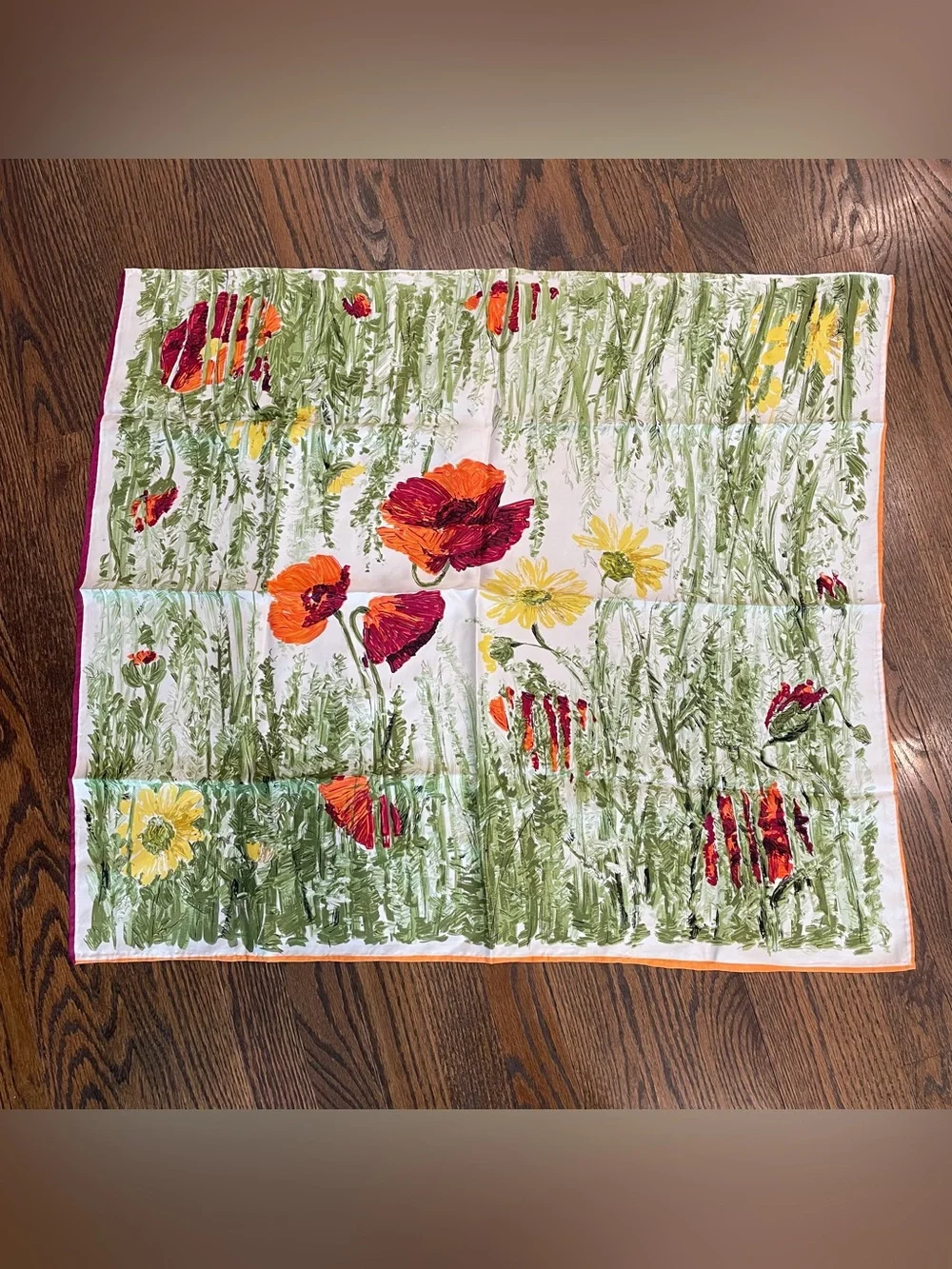 VINTAGE White Green Pink Silk Floral Print Square Scarf